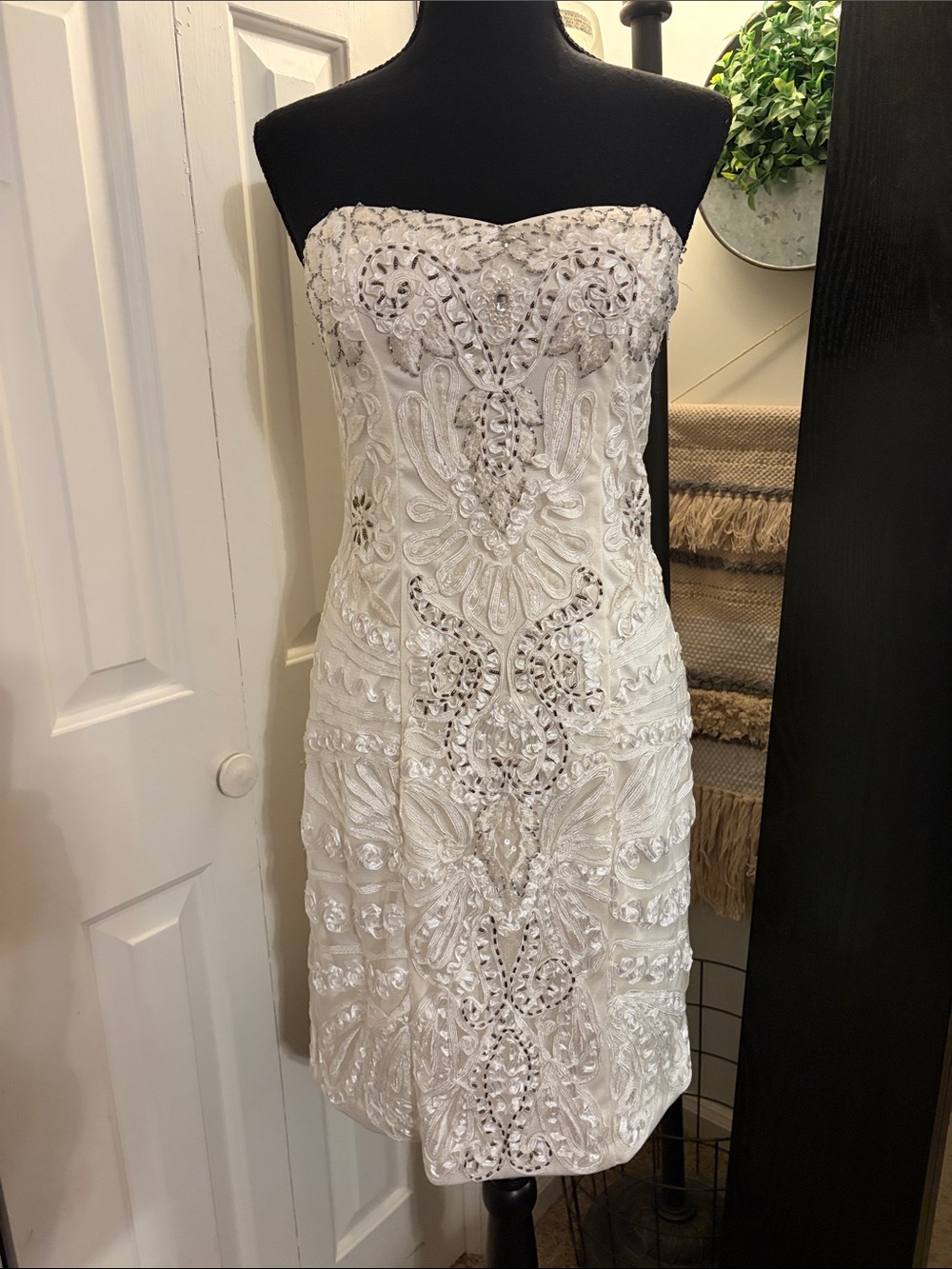 Sue Wong White Strapless Cocktail Dress with Soutache Embroidery & Beading